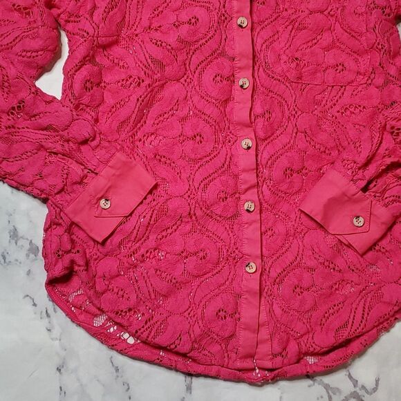 Maeve Pink Lace Button Up Blouse - Picture 3 of 8